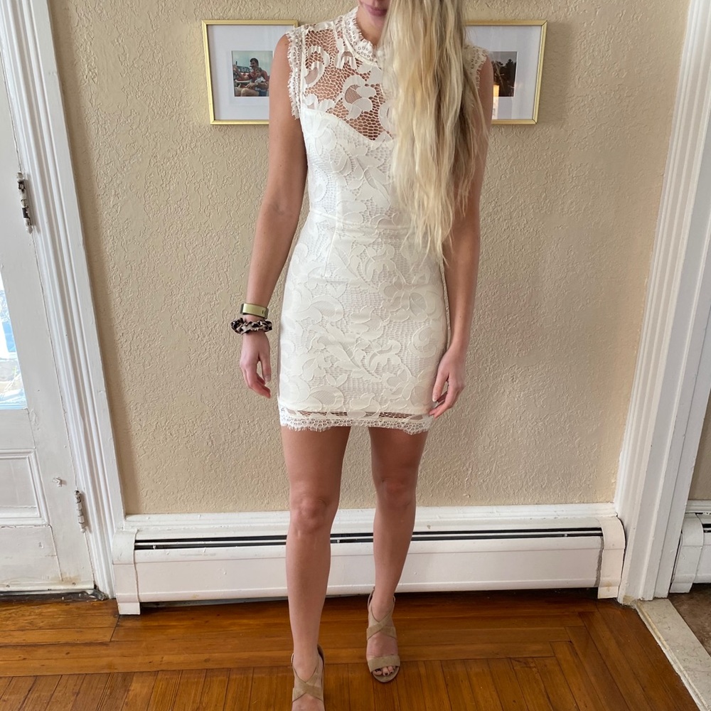 Lace mock neck mini dress